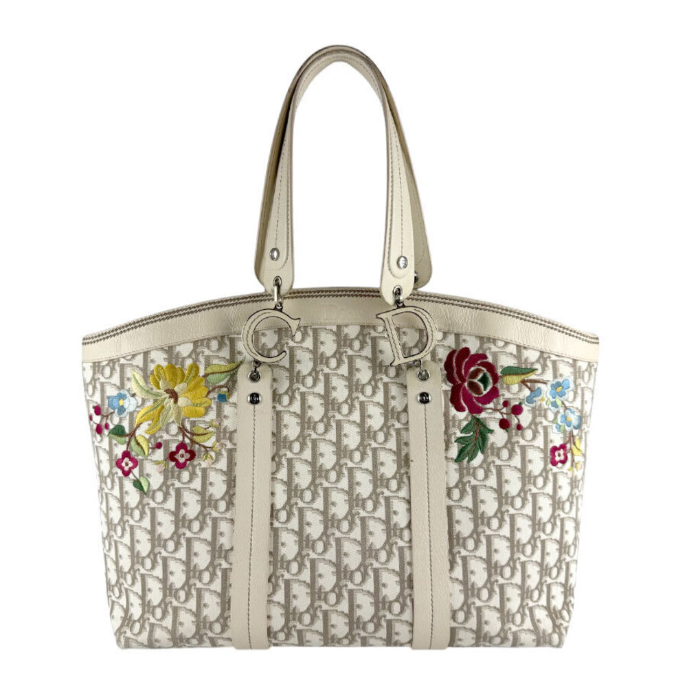 Christian Dior Flower Canvas Leather Shoulder Bag Beige